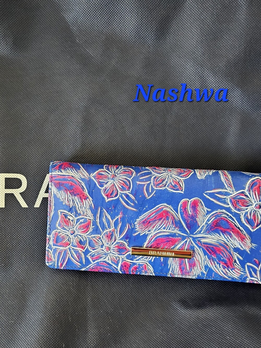 Brahmin Ady Wallet - Blue Floral Leather with Pink Accents, NWT